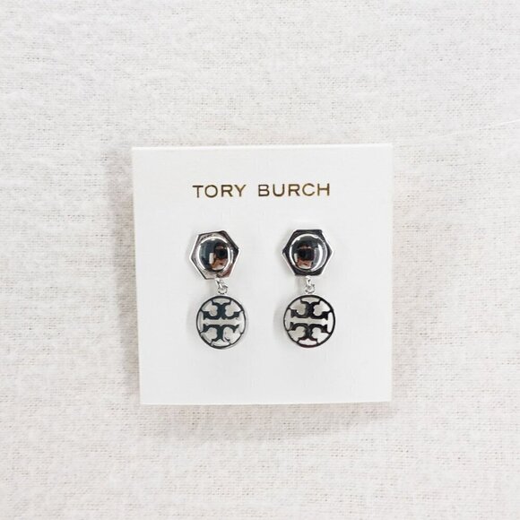 Tory Burch Hexagon Circle Logo Drop Earrings Silver OS - Picture 1 of 12